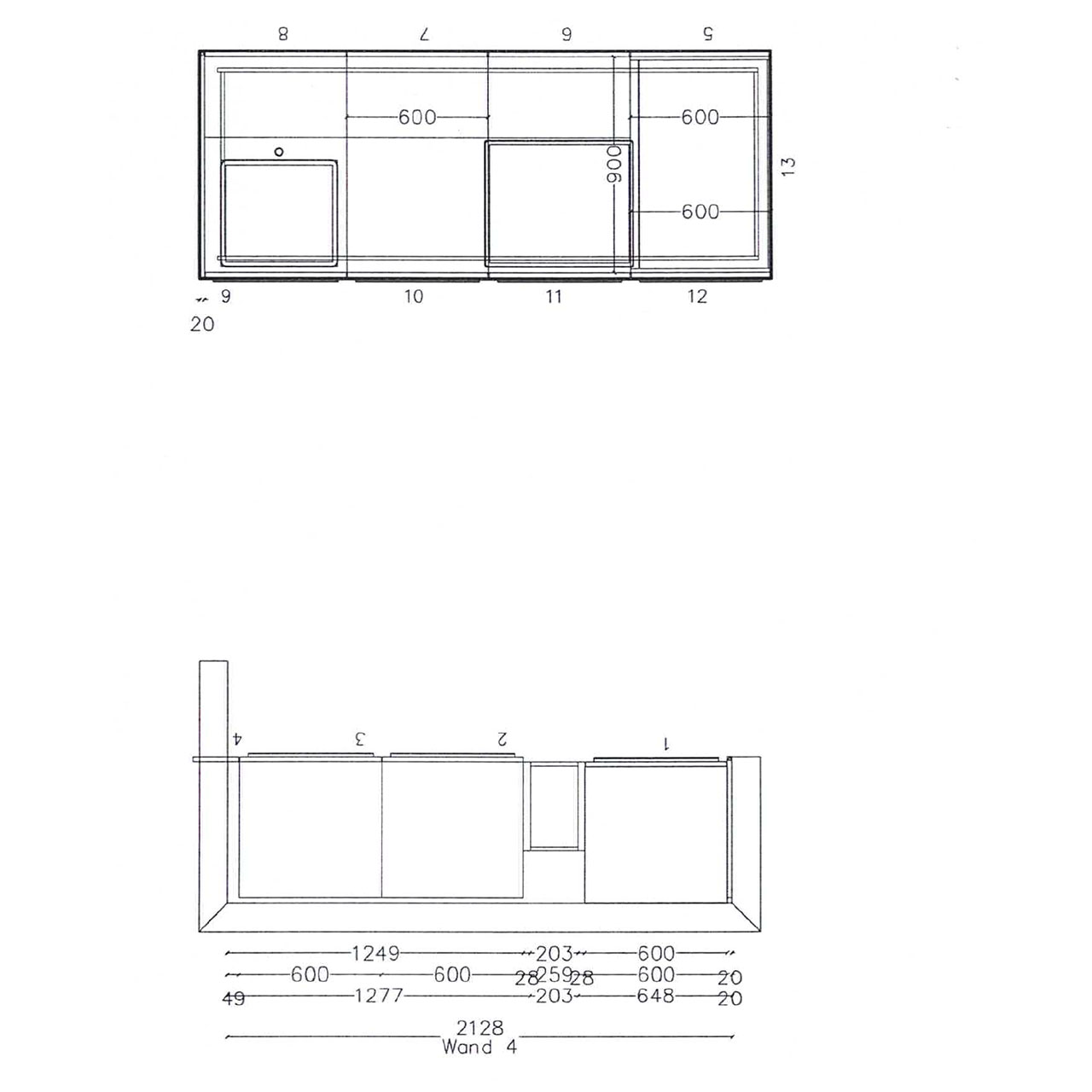 Skizze der Detailmaße von oben.
