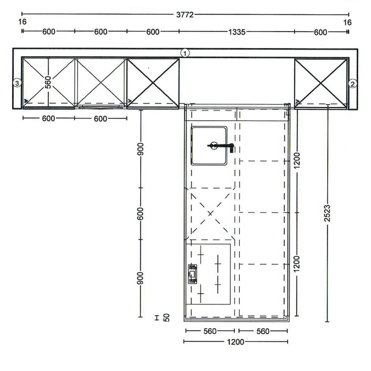 nicht barrierefreie Maßskizze mit allen Elementen, insgesamt Maße ca. 3,80 x 3,80 m