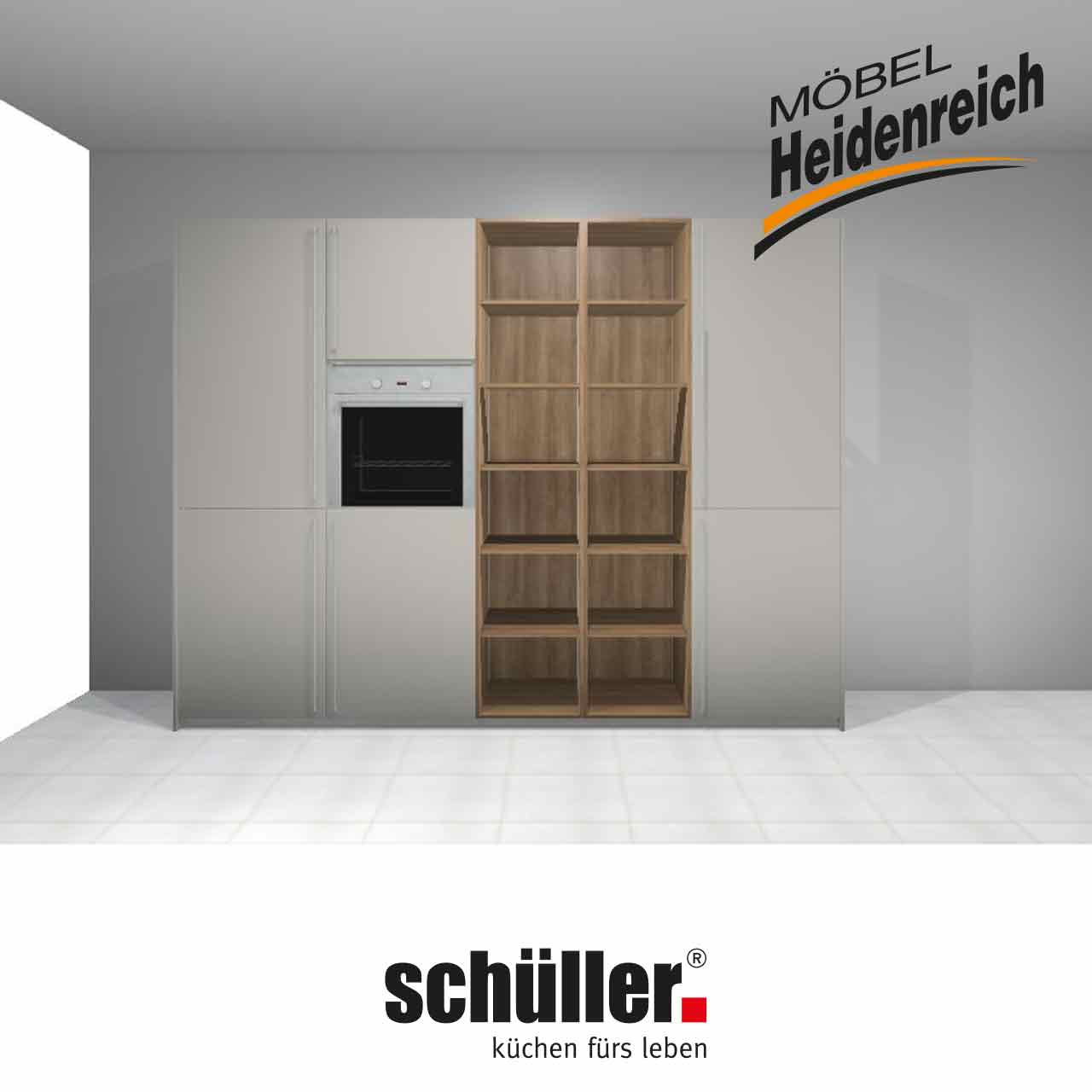 Computerbild der Küchenzeile mit Schränken und Regalen.
