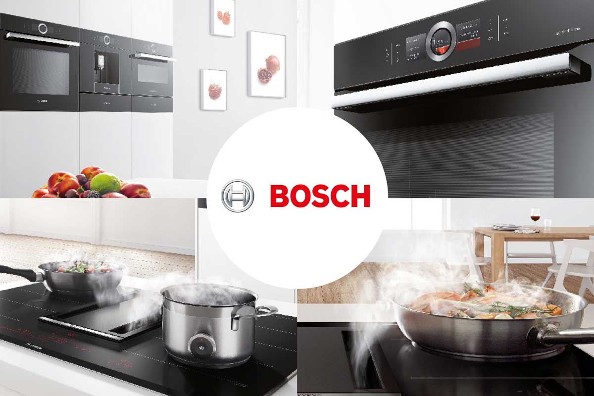 BOSCH Haushaltsgeräte Vier Beispielbilder mit BOSCH Haushaltselektro-Geräten - Backöfen, Herdplatten, Dunstabzug