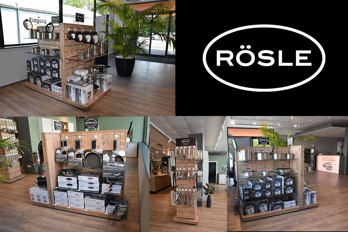 Rösle Produkte in der Küchenwelt Vier zusammengesetzte Fotos zeigen die Vielfalt der Rösle-Produkte, die im Laden ausgestellt sind.