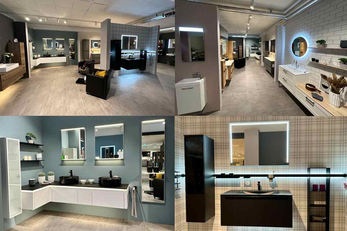 Impressionen aus der Badausstellung. Vier zusammengesetzte Bilder geben Einblicke in die Badausstellung. Die Produkte finden Sie im Shop.