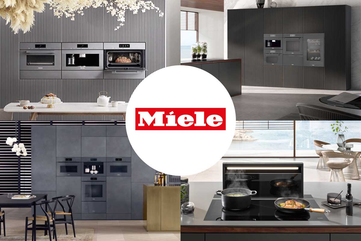 Miele Qualitäts-Haushaltselektrogeräte Vier Beispielbilder mit Miele Haushaltselektro-Geräten - Backöfen, Herdplatten, Kleinelektro.