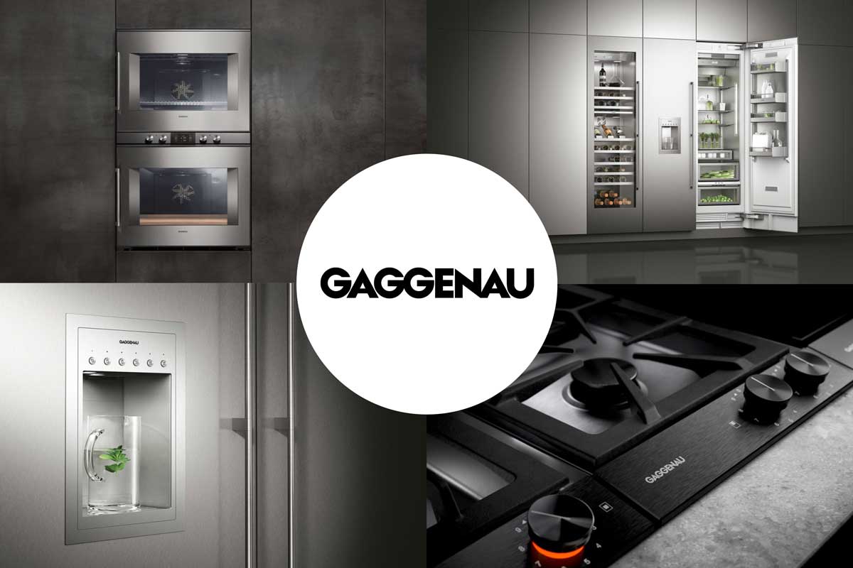 Gaggenau Luxus-Haushaltsgeräte Vier Beispielbilder mit GAGGENAU Haushaltselektro-Geräten - Backöfen, Kühlschränke, Herdplatten, Kleinelektro.
