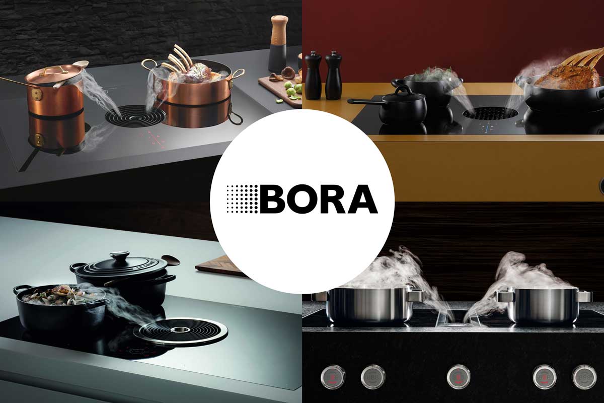 BORA Dunstabzüge und Kochfelder Vier Beispielbilder mit BORA Dunstabzügen - Kochfeldabzug in verschiedenen Formen.