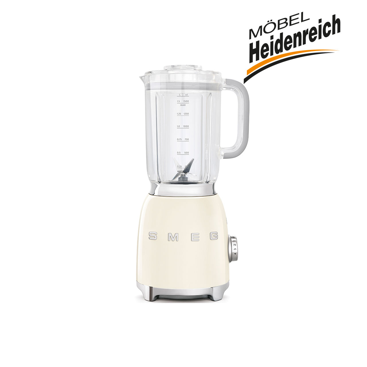 Mixer mit cremefarbenem Unterteil mit dem SMEG Logo und durchsichtigem Aufsatz.