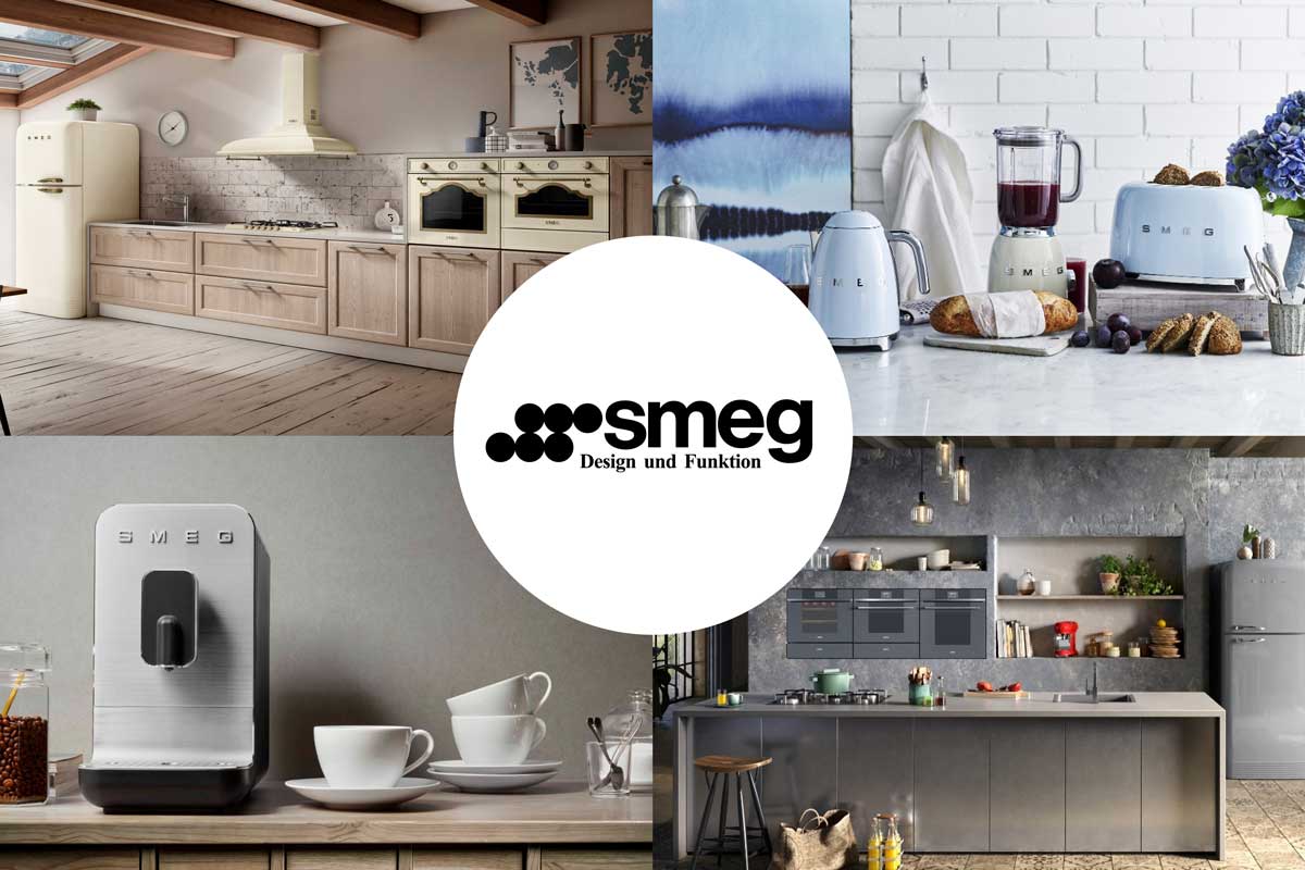 SMEG Haushaltsgeräte Vier Beispielbilder mit SMEG Haushaltselektro-Geräten - Kleinelektro, Kühlschrank, Kaffeemaschine.